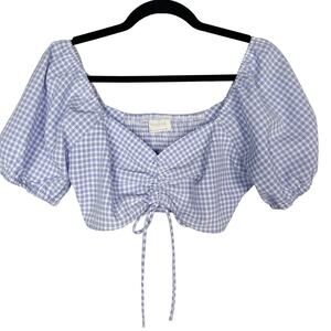 Urban Outfitters Medium Blue White Gingham Cinched Cropped Top VNeck Puff Sleeve